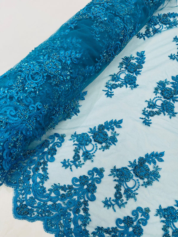 Beaded Floral Fabric - Turquoise - Embroidered Flower Cluster Beaded Fabric Sold By Yard