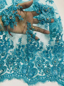 Rhinestone Beaded Fabric - Turquoise - Beaded Floral Rhinestone Design with Fancy Border Sold By Yard