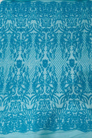 4 Way Stretch Fabric - Turquoise - Sequins Design on Spandex Mesh Fashion Fabric