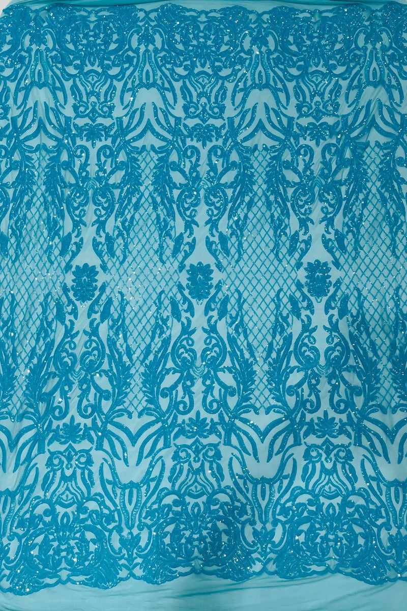 4 Way Stretch Fabric - Turquoise - Sequins Design on Spandex Mesh Fashion Fabric