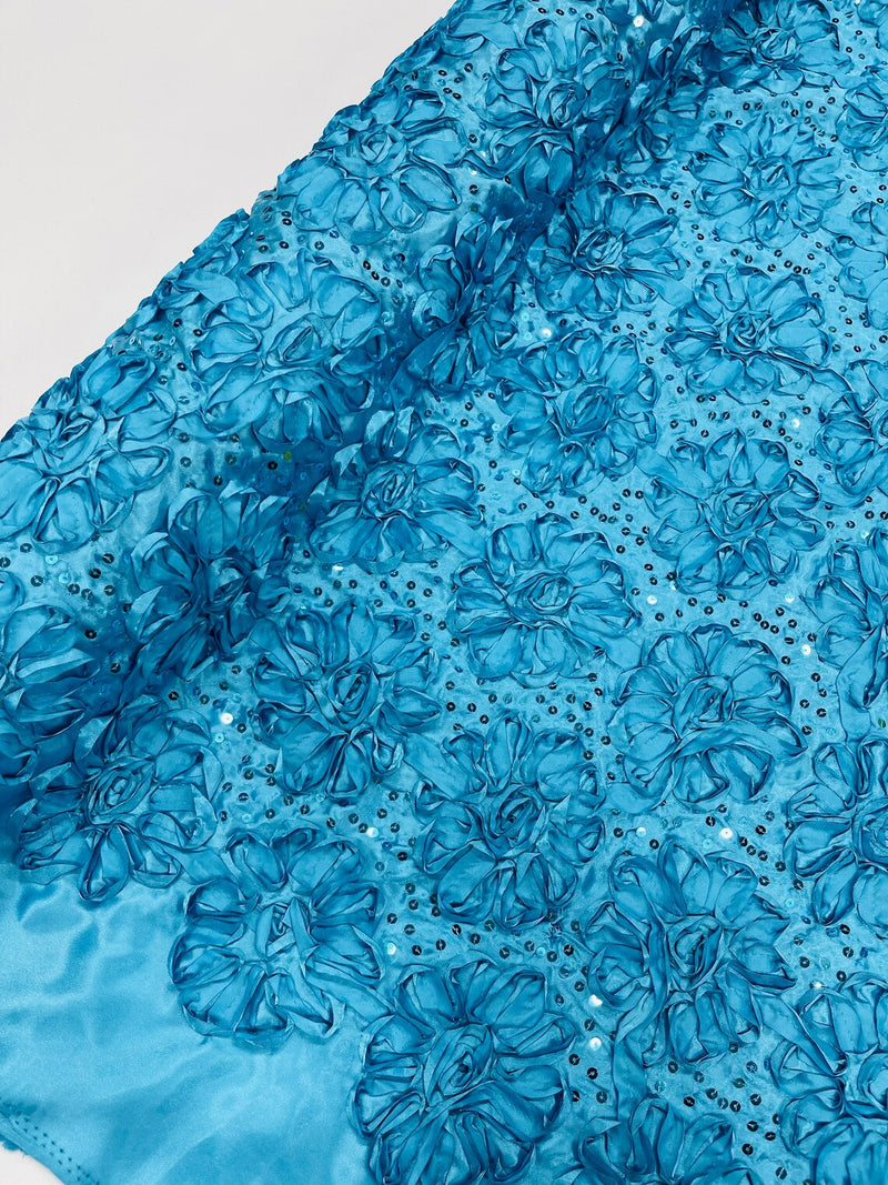 Satin Rosette Sequins Fabric - Turquoise - 3D Rosette Satin Rose Fabric with Sequins By Yard