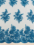 Floral Lace Flower Fabric - Turquoise - Floral Embroidered Fabric with Sequins on Lace By Yard