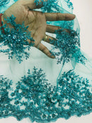 Beaded Flower Cluster Fabric - Turquoise - Beaded Floral Gaviota Design Embroidered On Mesh Sold By Yard