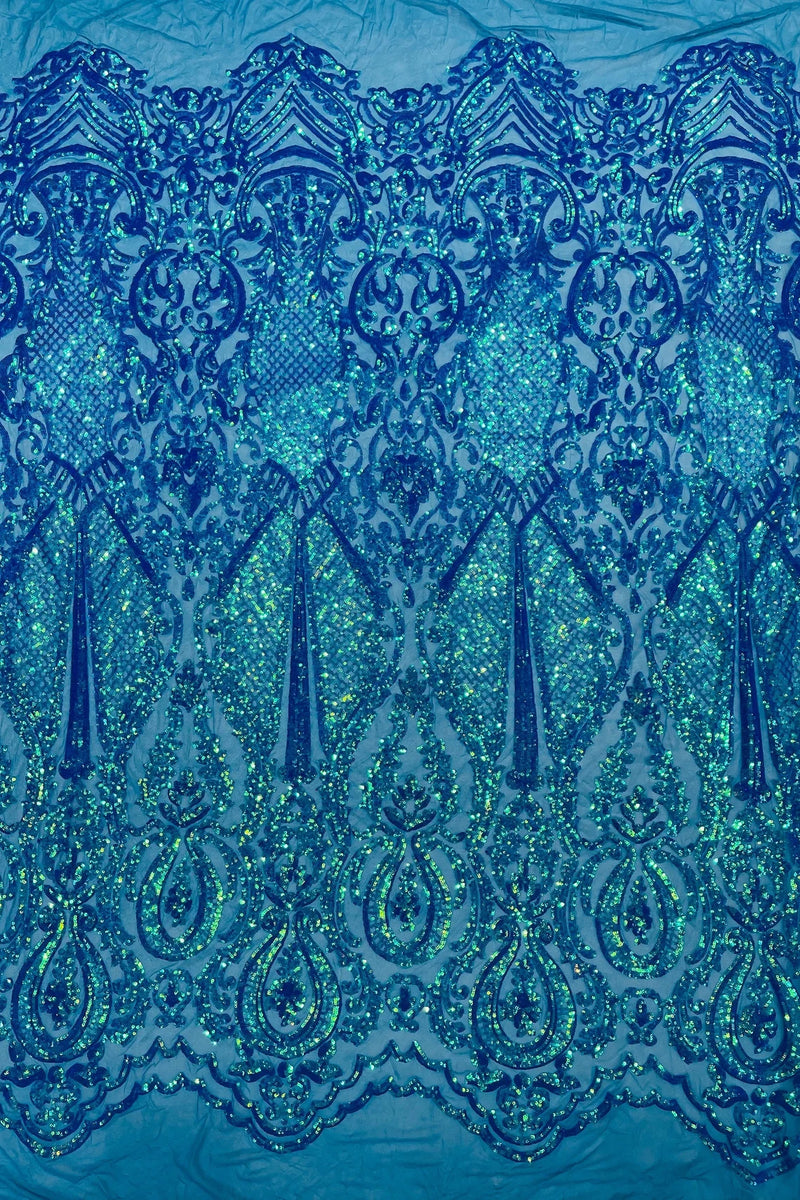 4 Way Stretch Fabric - Turquoise - Embroidered Pattern Design Sequins Fabric on Mesh By Yard