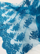 Floral Damask Lace Fabric - Turquoise - Embroidered Damask Flowers on Lace Fabric By Yard
