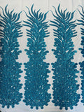 3D Beaded Peacock Feathers - Turquoise - Vegas Design Embroidered Sequins and Beads On a Mesh Lace Fabric (Choose The Panels)