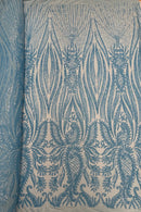 Paisley Sequin Fabric - Turquoise - Line Pattern 4 Way Stretch Elegant Fabric By The Yard