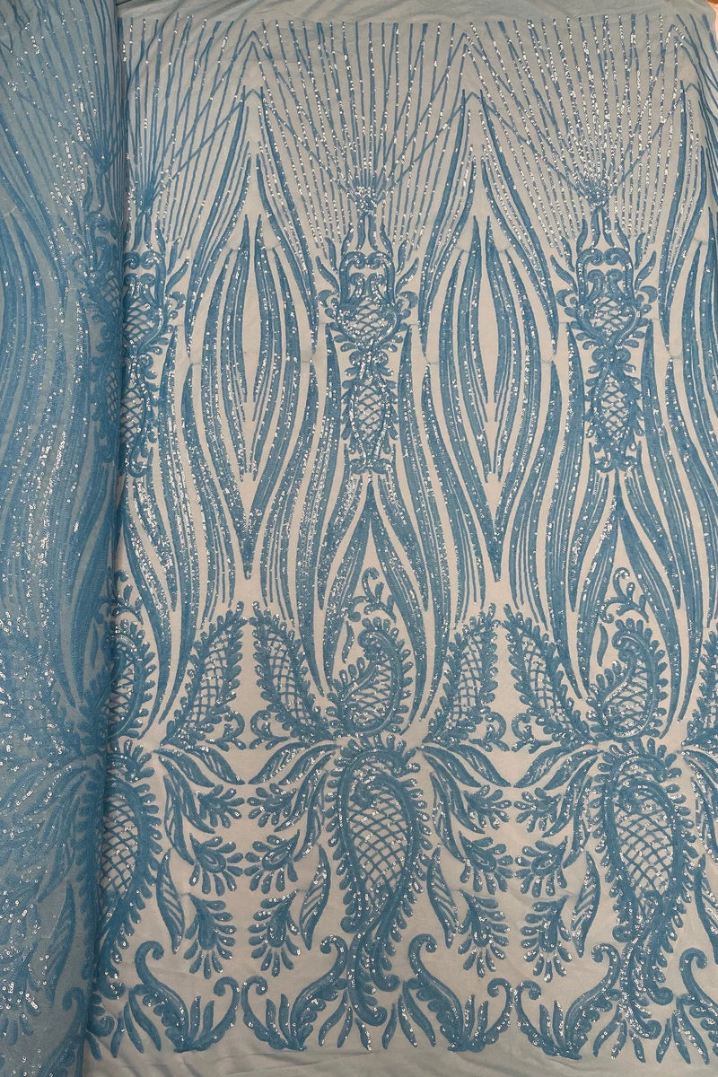 Paisley Sequin Fabric - Turquoise - Line Pattern 4 Way Stretch Elegant Fabric By The Yard