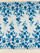 3D Floral Pearl Fabric - Turquoise - Embroidered Floral Pearl Fabric Double Border On Mesh By Yard