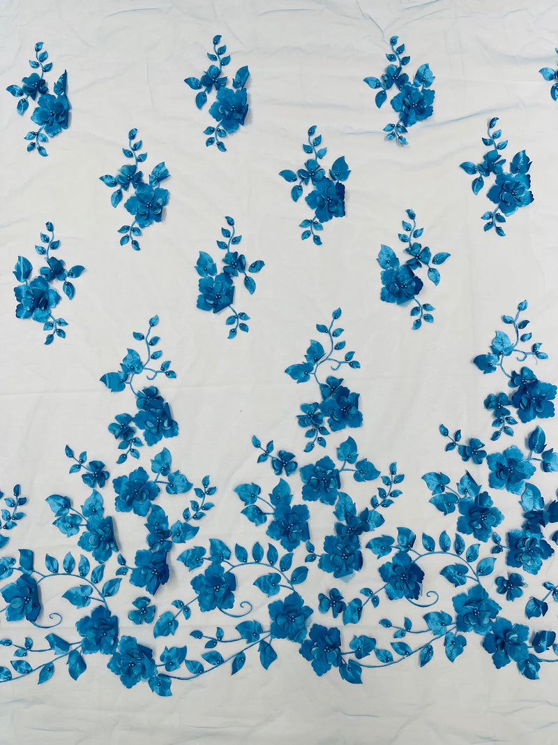 3D Floral Pearl Fabric - Turquoise - Embroidered Floral Pearl Fabric Single Border On Mesh By Yard