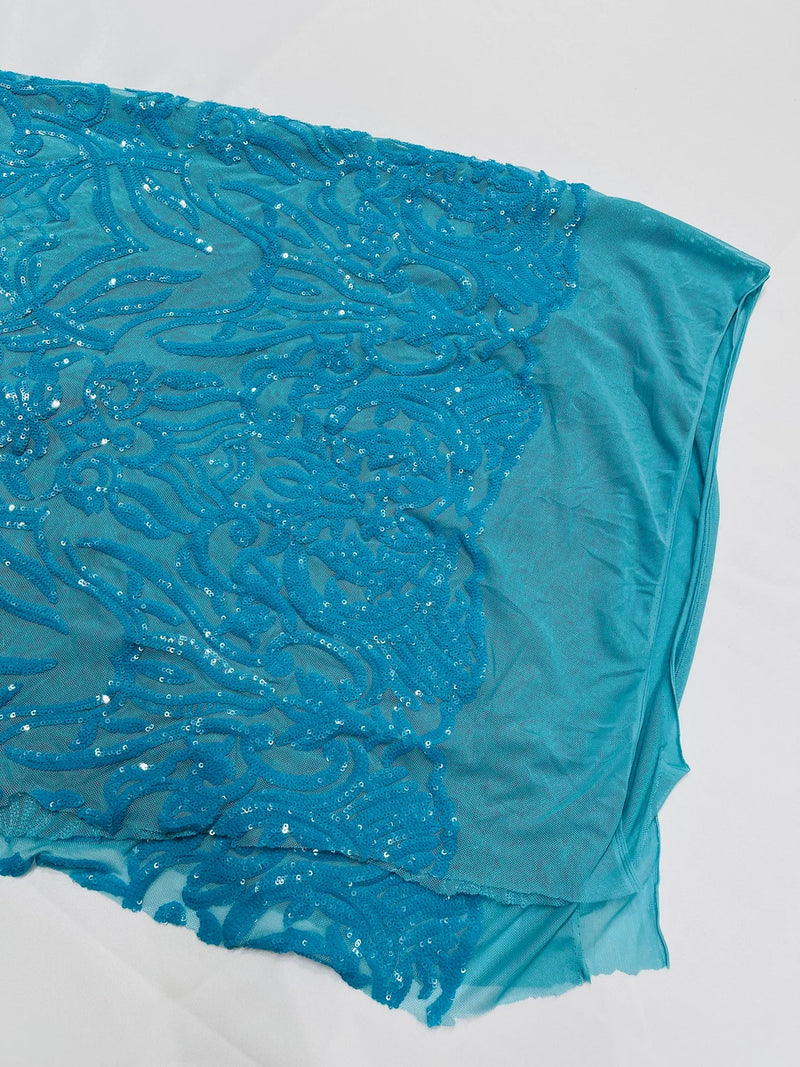 4 Way Stretch Fabric - Turquoise - Sequins Design on Spandex Mesh Fashion Fabric