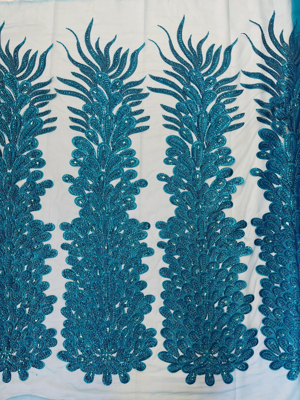 3D Beaded Peacock Feathers - Turquoise - Vegas Design Embroidered Sequins and Beads On a Mesh Lace Fabric (Choose The Panels)