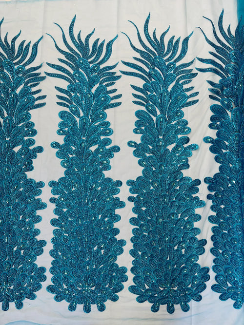 3D Beaded Peacock Feathers - Turquoise - Vegas Design Embroidered Sequins and Beads On a Mesh Lace Fabric (Choose The Panels)