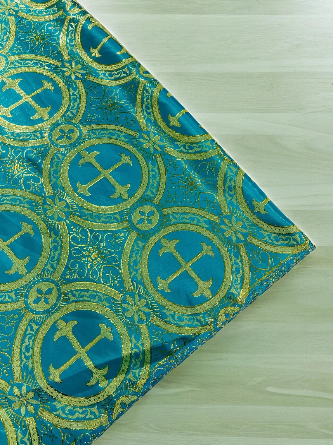 Brocade Cross Fabric - Turquoise - Church Vestment Religious Jacquard Fabric By Yard