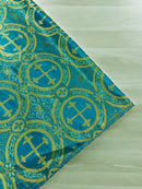 Brocade Cross Fabric - Turquoise - Church Vestment Religious Jacquard Fabric By Yard