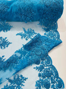 Floral Lace Flower Fabric - Turquoise - Floral Embroidered Fabric with Sequins on Lace By Yard