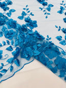 3D Floral Pearl Fabric - Turquoise - Embroidered Floral Pearl Fabric Double Border On Mesh By Yard