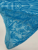 Paisley Sequin Fabric - Turquoise - Line Pattern 4 Way Stretch Elegant Fabric By The Yard