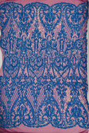 Heart Damask Sequins - Turquoise - 4 Way Stretch Sequins Fabric By Yard