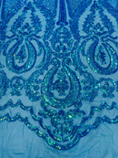 4 Way Stretch Fabric - Turquoise - Embroidered Pattern Design Sequins Fabric on Mesh By Yard