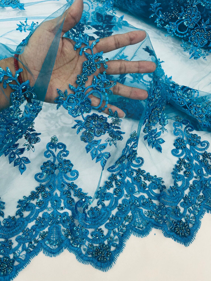 Beaded Floral Fabric - Turquoise - Embroidered Flower Cluster Beaded Fabric Sold By Yard