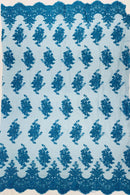 Floral Damask Lace Fabric - Turquoise - Embroidered Damask Flowers on Lace Fabric By Yard