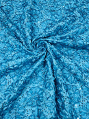 Satin Rosette Sequins Fabric - Turquoise - 3D Rosette Satin Rose Fabric with Sequins By Yard