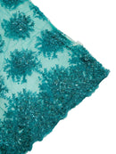 Beaded Flower Cluster Fabric - Turquoise - Beaded Floral Gaviota Design Embroidered On Mesh Sold By Yard