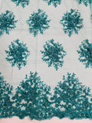 Beaded Flower Cluster Fabric - Turquoise - Beaded Floral Gaviota Design Embroidered On Mesh Sold By Yard
