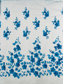 3D Floral Pearl Fabric - Turquoise - Embroidered Floral Pearl Fabric Single Border On Mesh By Yard