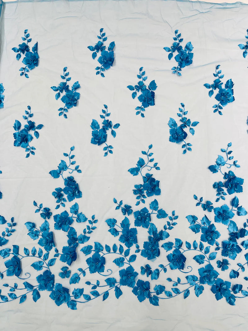 3D Floral Pearl Fabric - Turquoise - Embroidered Floral Pearl Fabric Single Border On Mesh By Yard