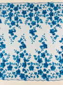 3D Floral Pearl Fabric - Turquoise - Embroidered Floral Pearl Fabric Double Border On Mesh By Yard