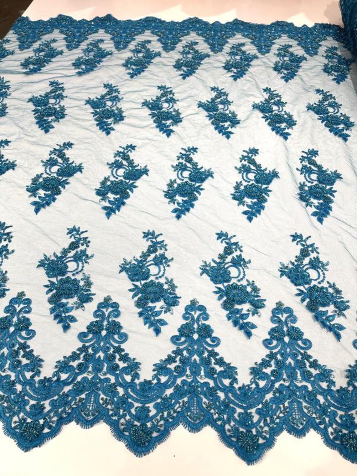 Beaded Floral Fabric - Turquoise - Embroidered Flower Cluster Beaded Fabric Sold By Yard