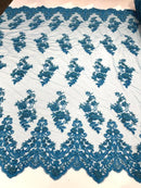 Beaded Floral Fabric - Turquoise - Embroidered Flower Cluster Beaded Fabric Sold By Yard