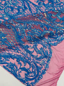 Heart Damask Sequins - Turquoise - 4 Way Stretch Sequins Fabric By Yard