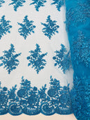 Floral Lace Flower Fabric - Turquoise - Floral Embroidered Fabric with Sequins on Lace By Yard