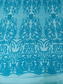 4 Way Stretch Fabric - Turquoise - Sequins Design on Spandex Mesh Fashion Fabric