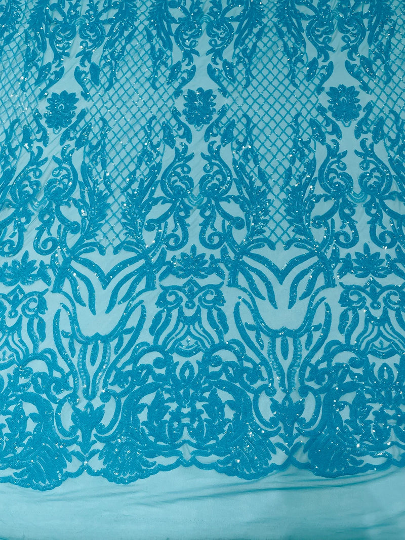 4 Way Stretch Fabric - Turquoise - Sequins Design on Spandex Mesh Fashion Fabric