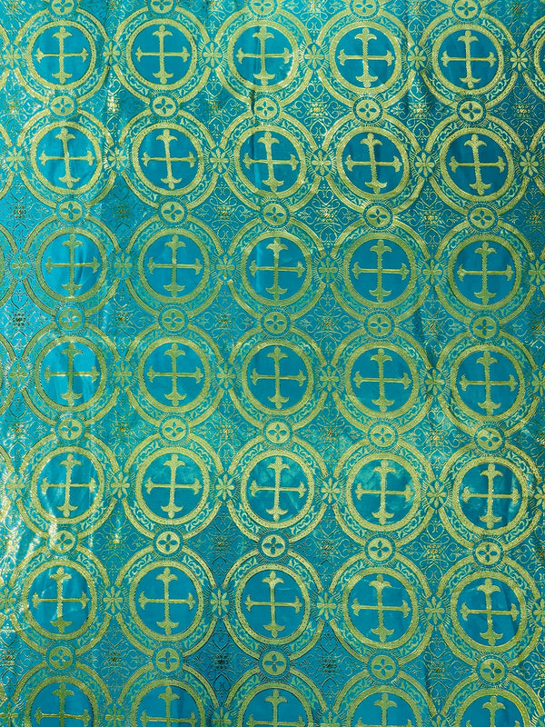 Brocade Cross Fabric - Turquoise - Church Vestment Religious Jacquard Fabric By Yard