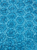 Satin Rosette Sequins Fabric - Turquoise - 3D Rosette Satin Rose Fabric with Sequins By Yard