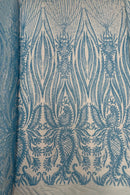 Paisley Sequin Fabric - Turquoise - Line Pattern 4 Way Stretch Elegant Fabric By The Yard