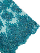Rhinestone Beaded Fabric - Turquoise - Beaded Floral Rhinestone Design with Fancy Border Sold By Yard
