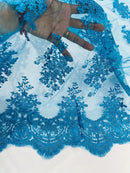 Floral Damask Lace Fabric - Turquoise - Embroidered Damask Flowers on Lace Fabric By Yard