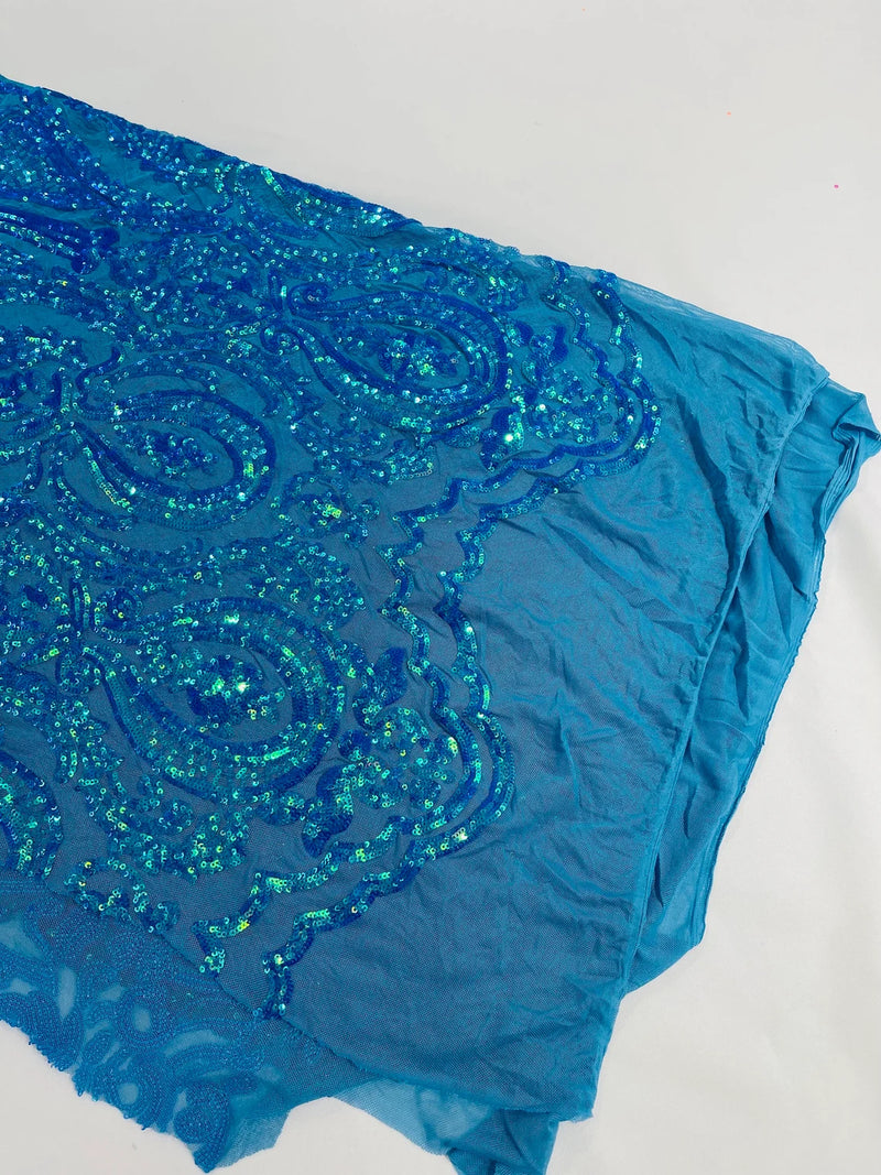 4 Way Stretch Fabric - Turquoise - Embroidered Pattern Design Sequins Fabric on Mesh By Yard