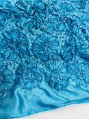 Satin Rosette Sequins Fabric - Turquoise - 3D Rosette Satin Rose Fabric with Sequins By Yard