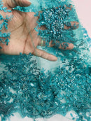 Beaded Flower Cluster Fabric - Turquoise - Beaded Floral Gaviota Design Embroidered On Mesh Sold By Yard