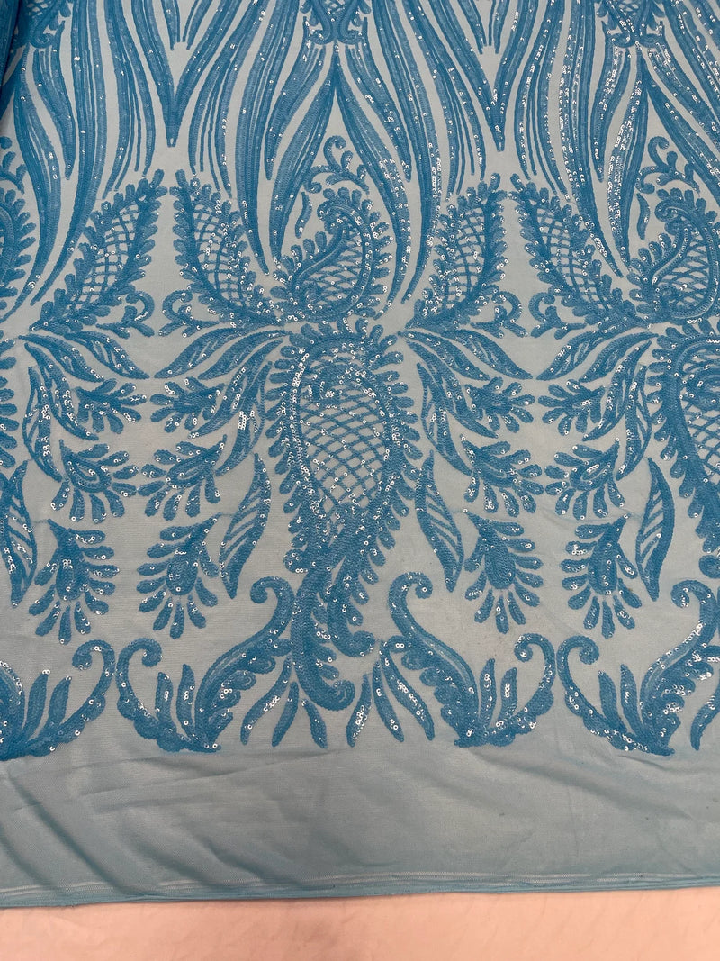 Paisley Sequin Fabric - Turquoise - Line Pattern 4 Way Stretch Elegant Fabric By The Yard