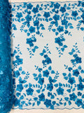 3D Floral Pearl Fabric - Turquoise - Embroidered Floral Pearl Fabric Double Border On Mesh By Yard