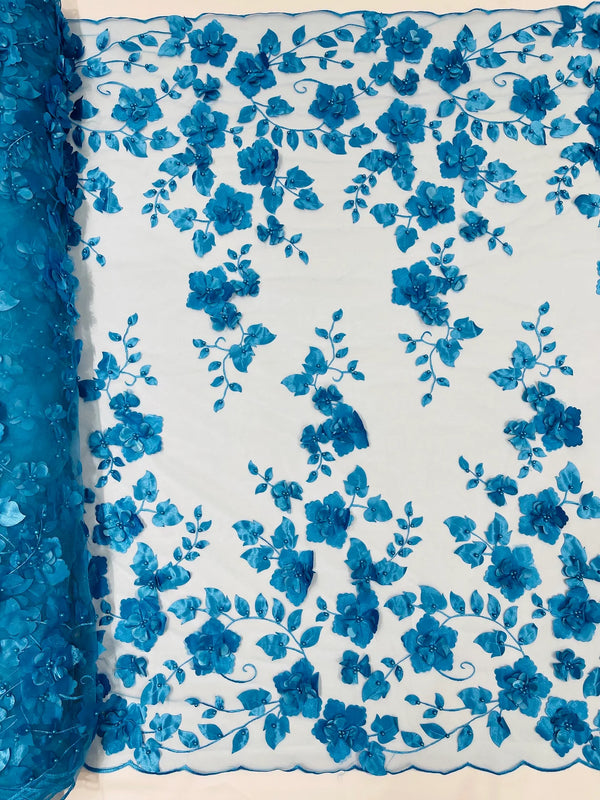 3D Floral Pearl Fabric - Turquoise - Embroidered Floral Pearl Fabric Double Border On Mesh By Yard