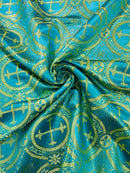 Brocade Cross Fabric - Turquoise - Church Vestment Religious Jacquard Fabric By Yard